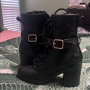 Black Quilted Lace-Up Ankle Boots